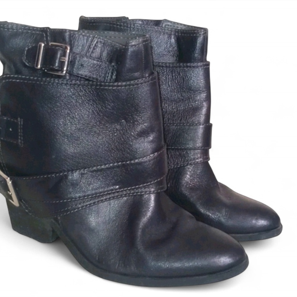 Black Leather Ankle Boots with Buckle Detail
